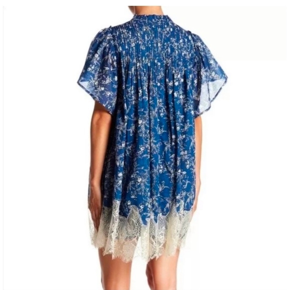 Free People Marigold Blue Floral Lace Trim Mini Boho Tunic Romantic Fairycore XS - Picture 2 of 10